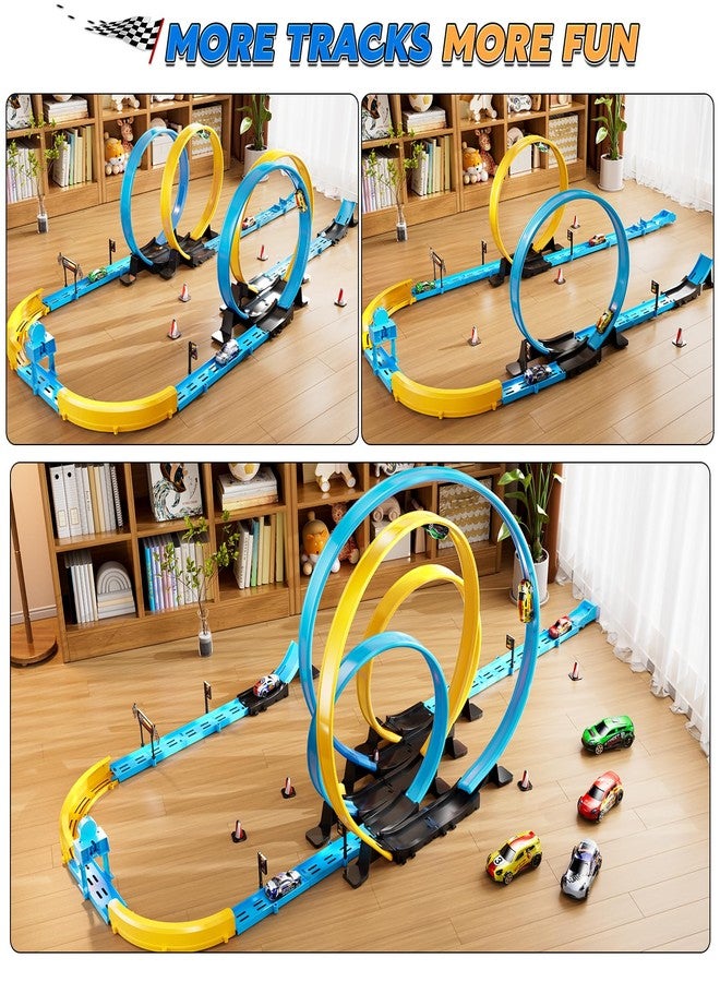 مجموعة ألعاب مسار سيارات LILYBUDS هدية مثالية للأولاد من عمر 3-5 و4-7 و8-12 سنة، مسارات سباق طويلة مع 4 حلقات حركة و4 سيارات سباق مصبوبة عالية السرعة، أكثر من 35 قطعة مسارات سباق لإنشاء تشكيلات متعددة. - Image 4